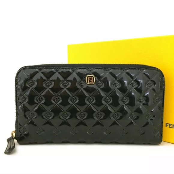LIKE-NEW FENDI Black Patent Leather Zippy Zip Around Long Wallet + Box +Dust Bag